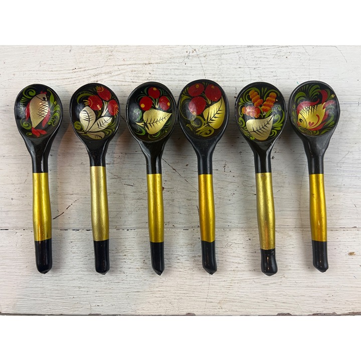 Vintage Set Of 6 Russian Khokhloma Lacquerware Spoons