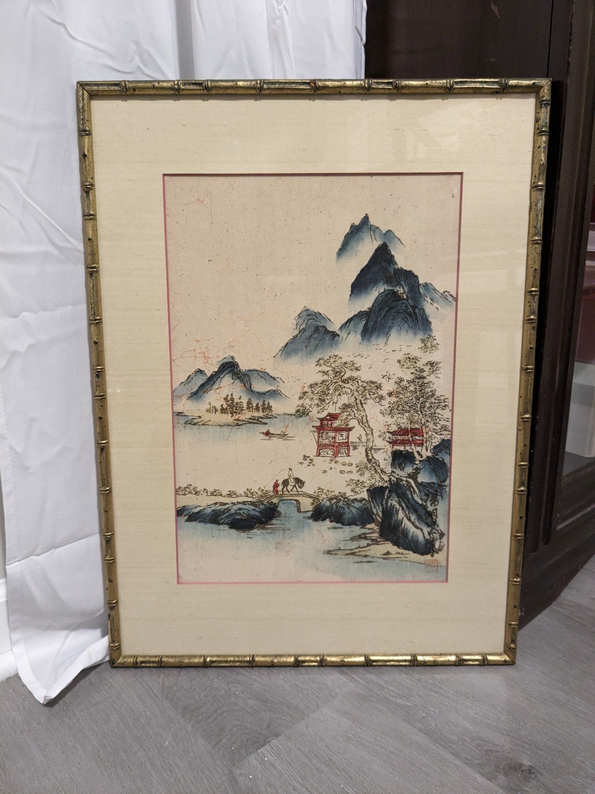 Wooden Bamboo Framed Antique Original Chinese Batik Art on Silk