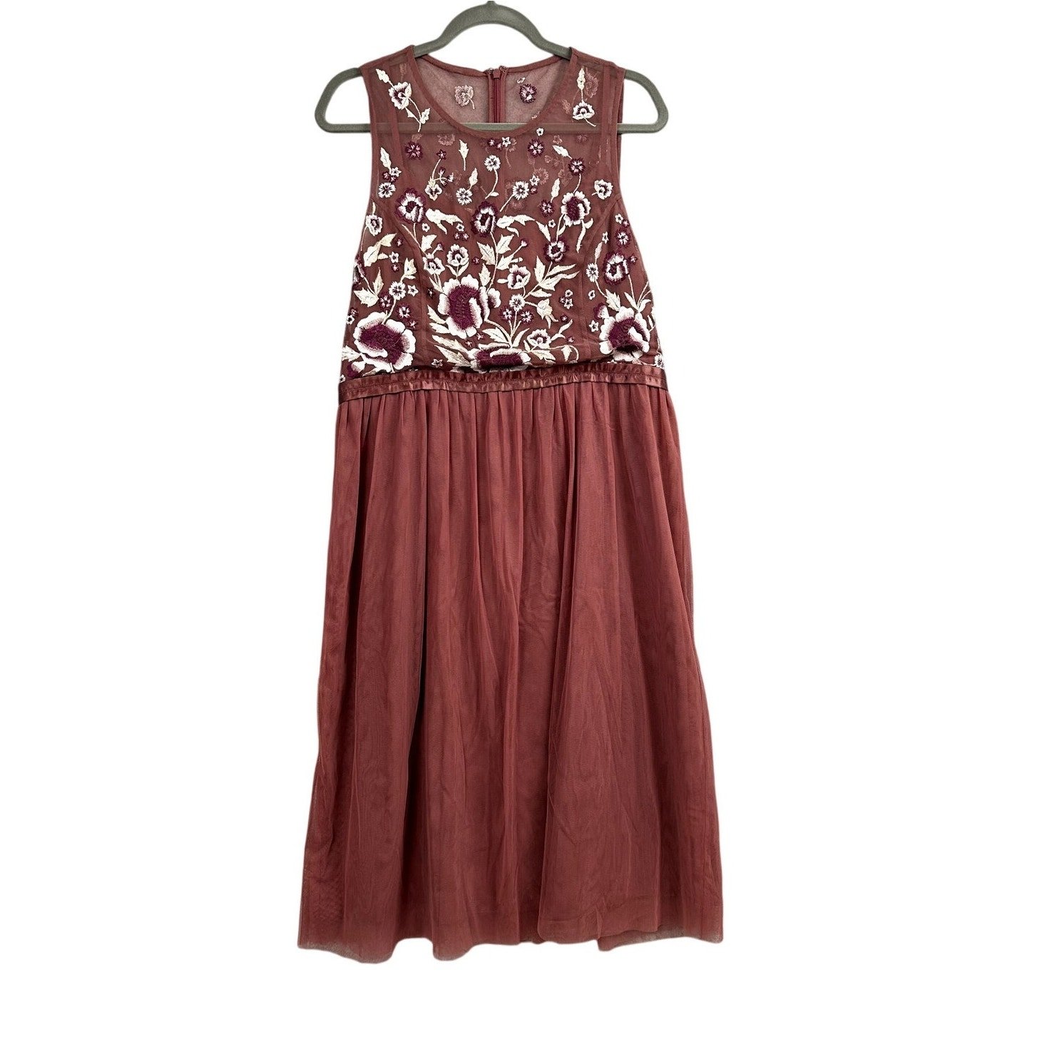 Anthropologie BHLDN Baldwin Dress Size 16 Midi Embroidered Tulle Rose Bridesmaid