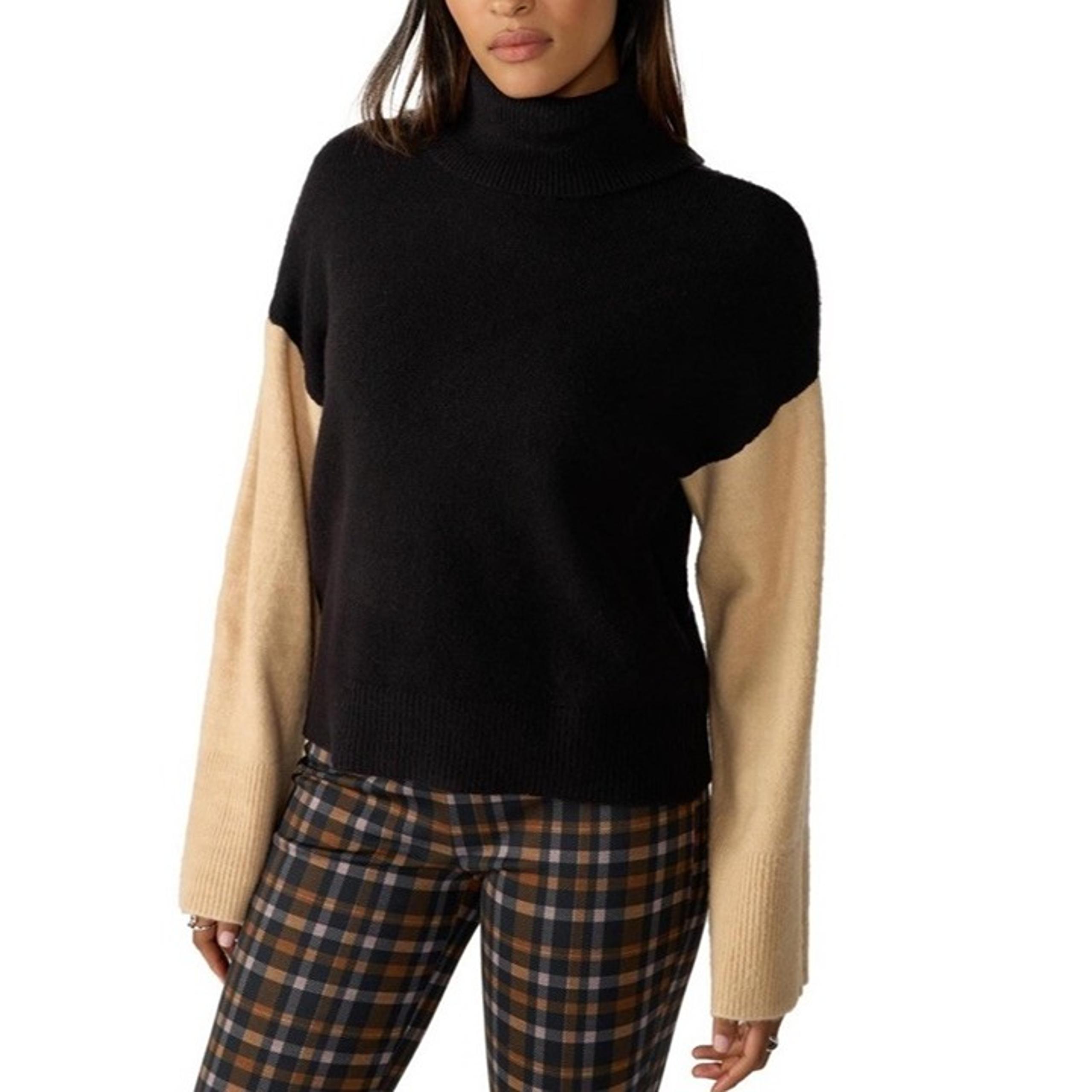 Sanctuary Womens Medium Black Tan Colorblock Long Sleeve Turtleneck Sweater NWT