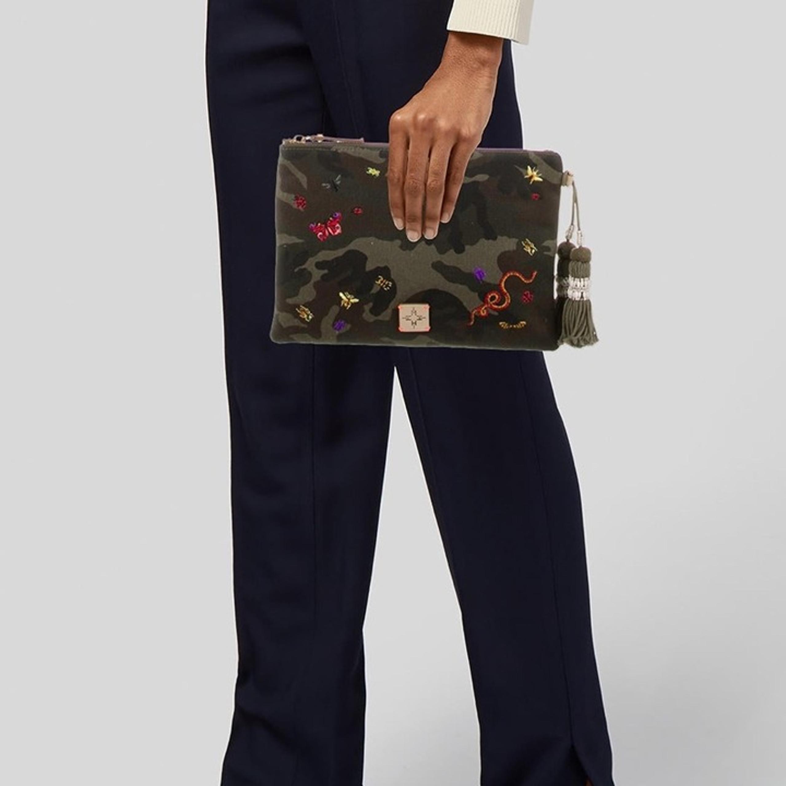 India Hicks Fortune Camo Embroidered Pouch/Clutch Bag - NWOT - 11"W x 8"H