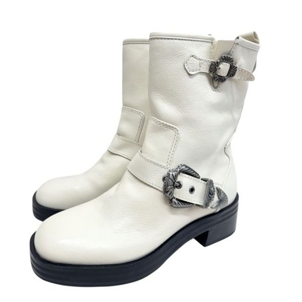 Larroude Buckle Boot Size 7 Cream Leather Western Style Stacked Heel Booties