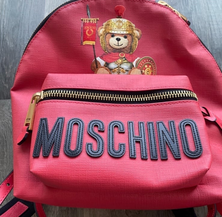 RARE MOSCHINO Red Milano Couture Roman Teddy Bear Backpack Purse Bag Keychain