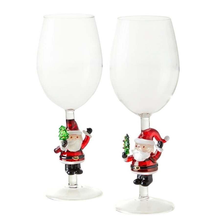 Neiman Marcus Figural Santa Wine Glass Set of 2 in Holiday Gift Box New