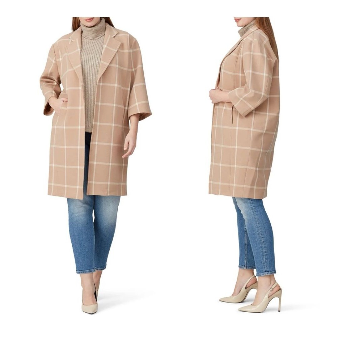 Toccin Nude & White Windowpane 3/4 Sleeve Fully Lined Mid Length Topper Coat 1X