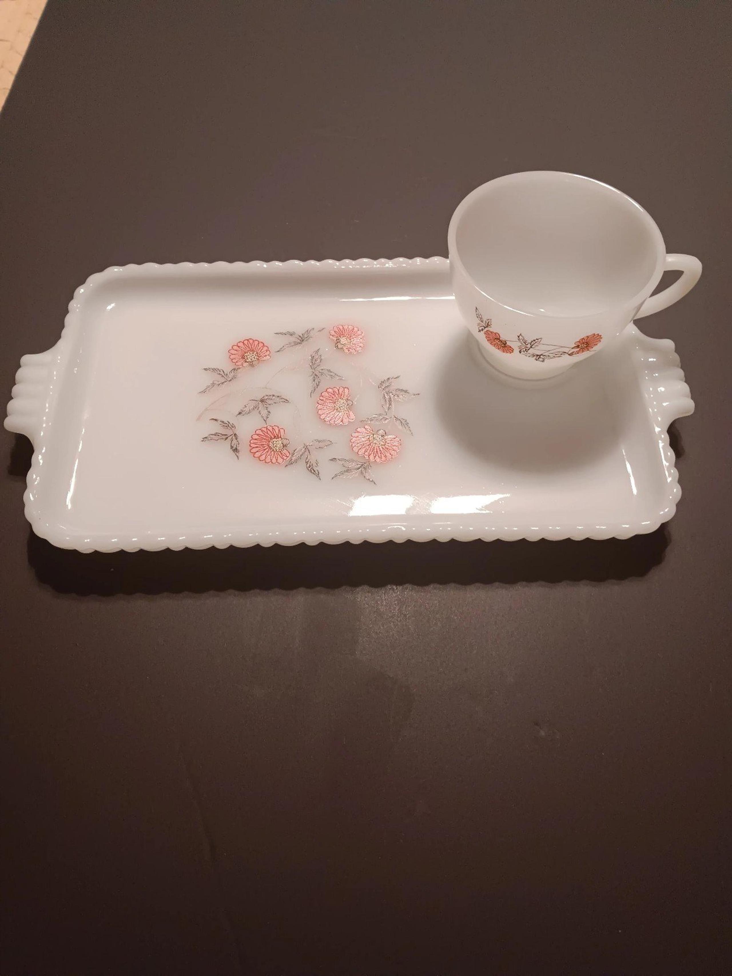 2 Anchor Hocking Fleurette Milk Glass and Snack tray