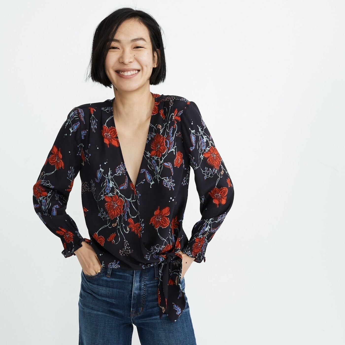 Madewell 100% Silk Wrap Top snaps smocked cuff sleeve tie floral lightweight XXS