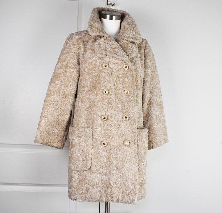 Double breasted ivory faux fur coat, Bagdad Saks Fifth Avenue 60s vintage