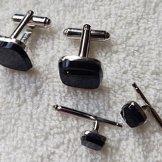 Vintage Hickok Silver Tone with Black Onyx Cuff Links and Tuxedo Buttons