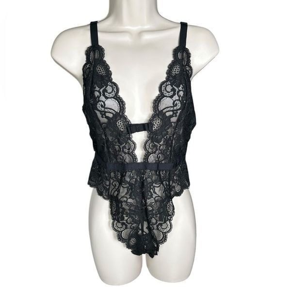 Victorias Secret Black Lace Deep V Neck Cheeky Teddy Lingerie Bodysuit