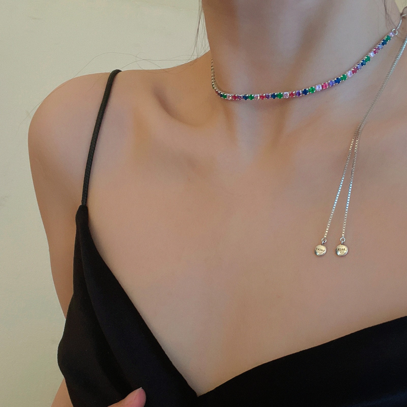 S925 silver fashion colored zirconium pull-out necklace for women light luxury n