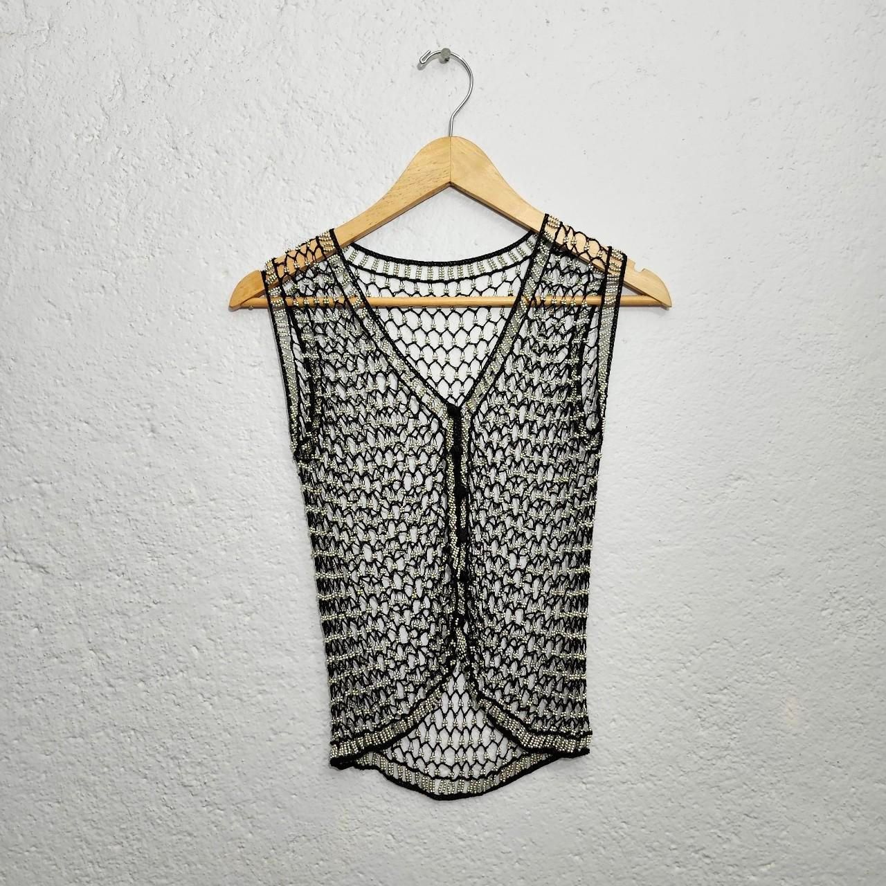 Black silver beaded mesh open knit vest top