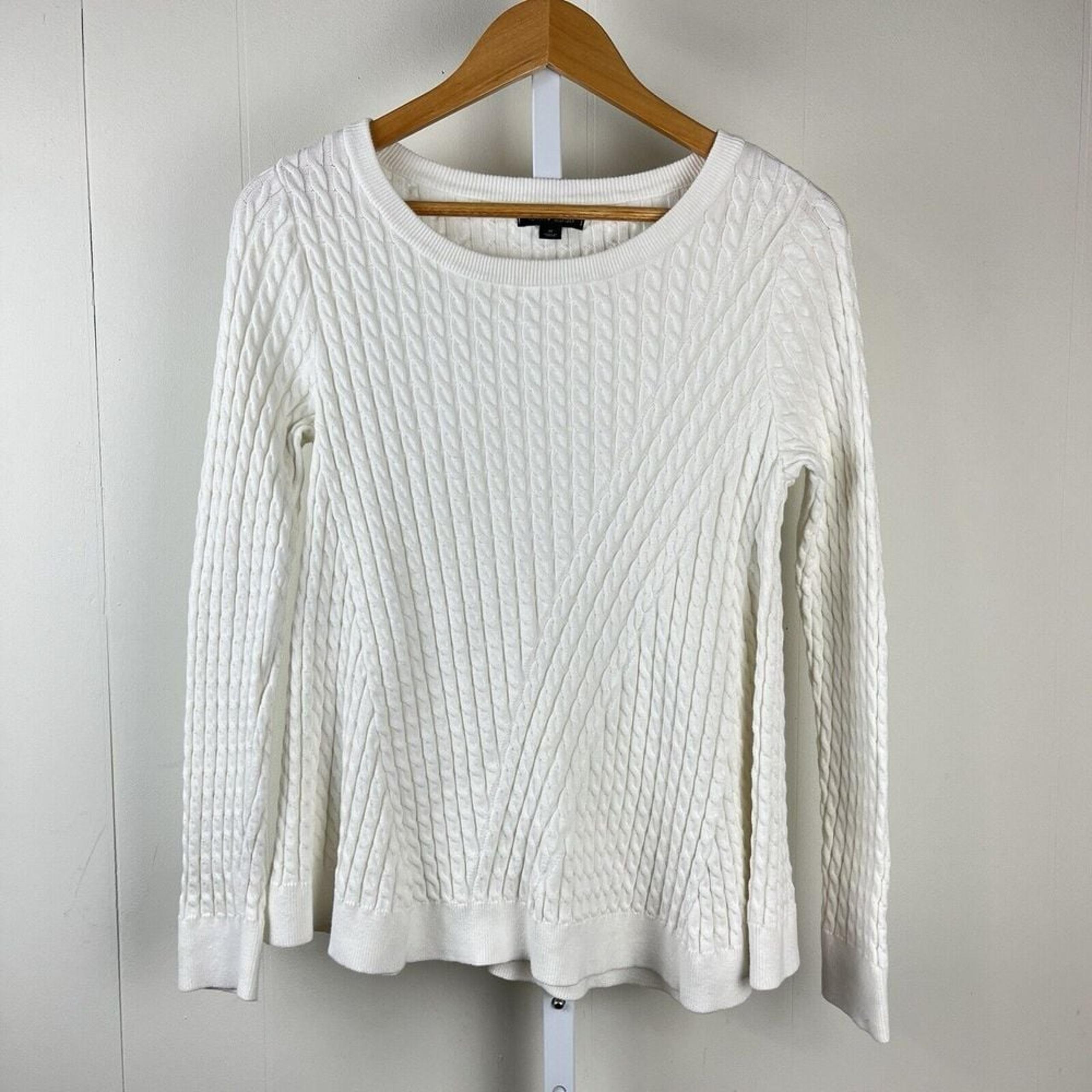 Tommy Hilfiger Sweater Womens Medium White Cable Knit Flared Pullover Cotton