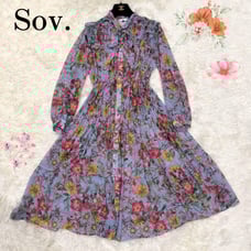 【Excellent Condition】Sov. Floral Print Long Pleated Dress with Bow Tie, Size 36