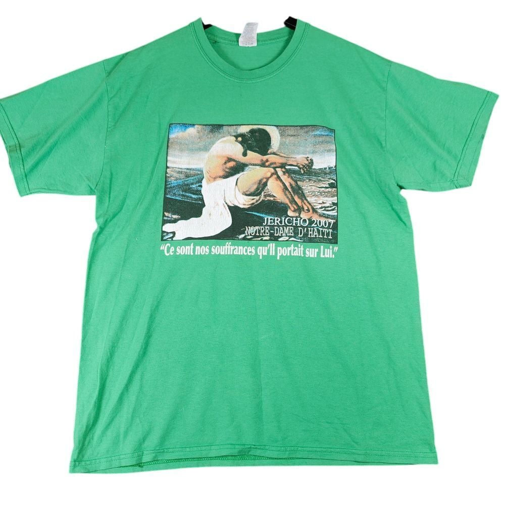 Jericho Notre-Dame D'Haiti 2007 Religious Graphic T-Shirt Green Vintage Large
