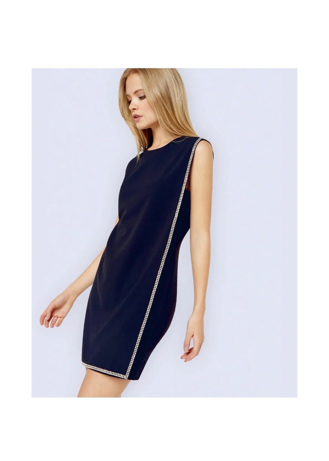 Joseph Ribkoff Navy Jersey Knit Sleeveless Overlay Rhinestone Trim Dress Size 4