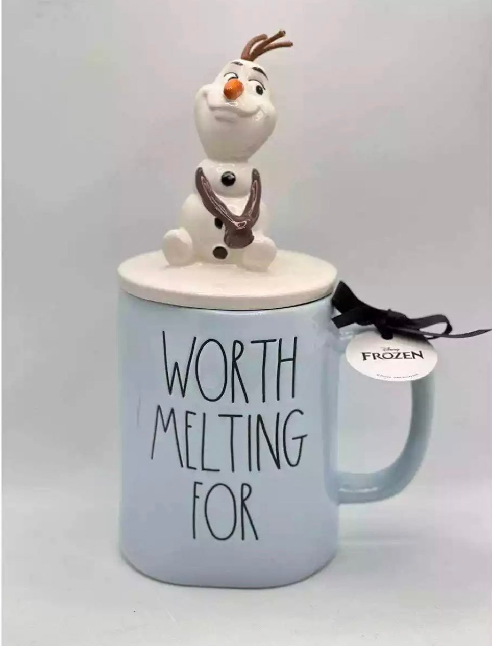 Rae Dunn Disney Frozen Worth Melting For blue mug with Olaf topper VHTF