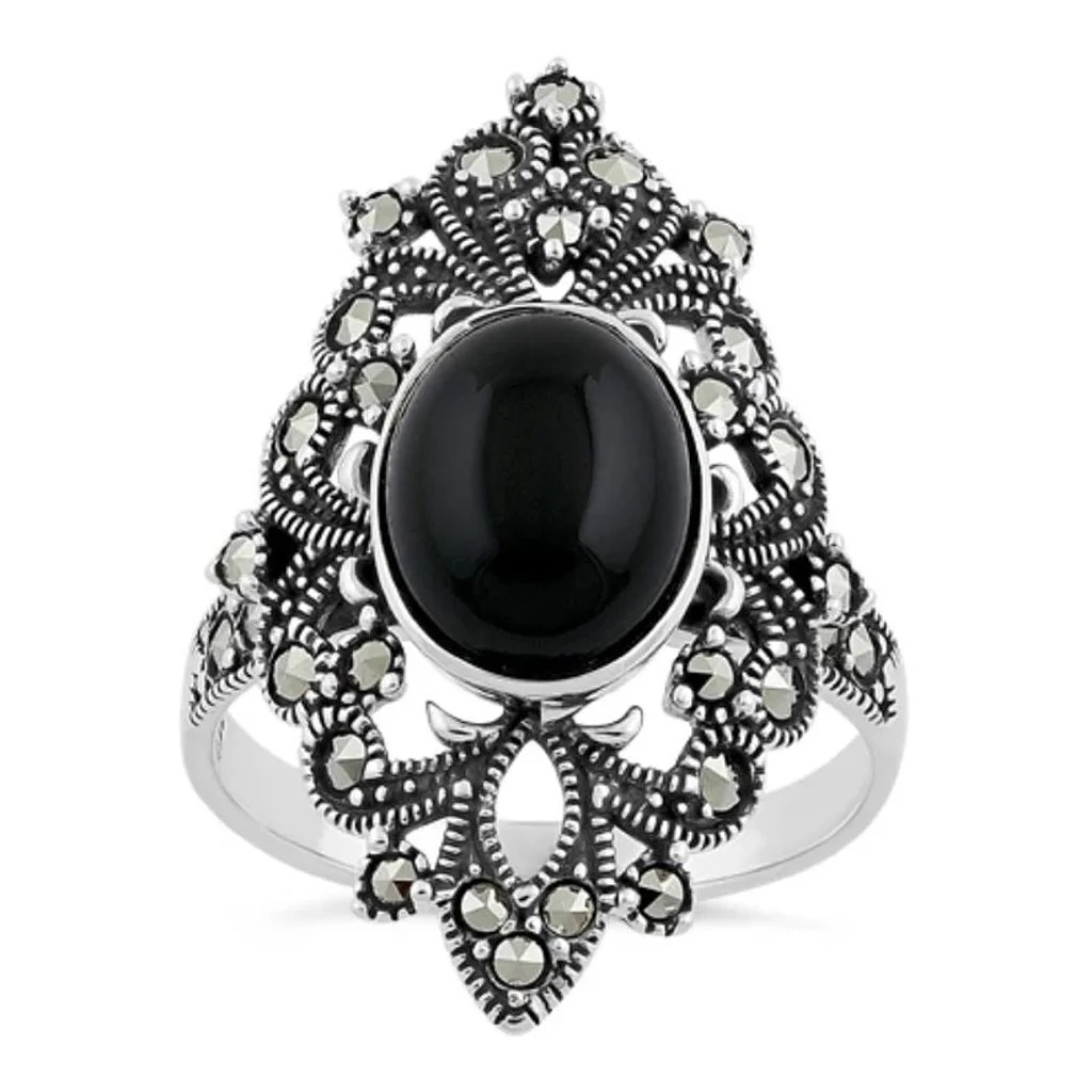 Size 8, 925 STERLING SILVER Black Onyx Marcasite Fleur De Lis Ring