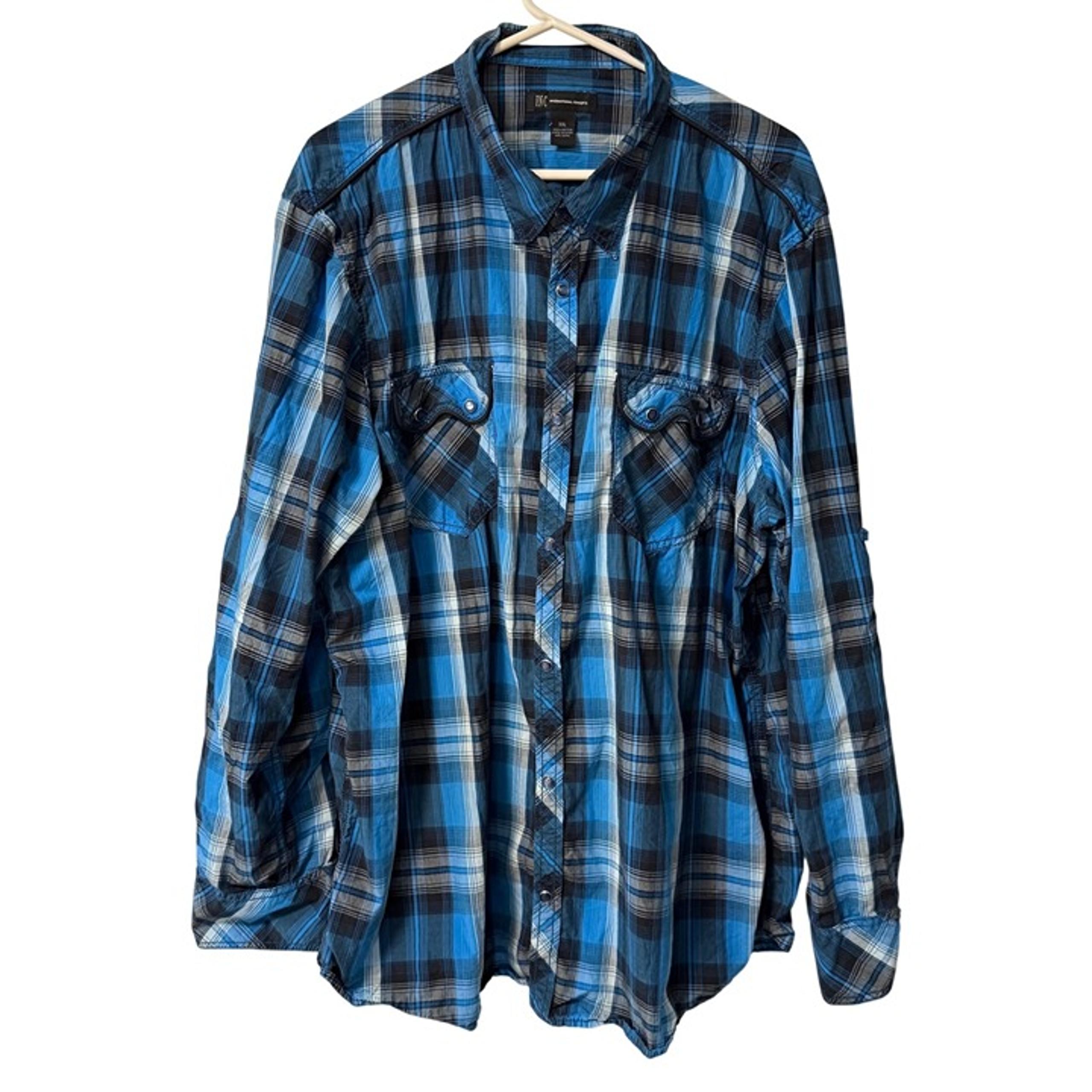 Pearl Snap Blue Plaid Shirt Size XXL Casual Flap Pockets Long Sleeve Roll Tab