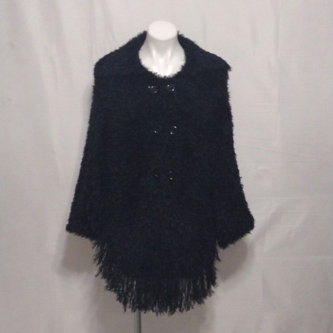 Calico Women's Black Fluffy Faux Fur Wool Blend Fringed Coat Poncho One Size