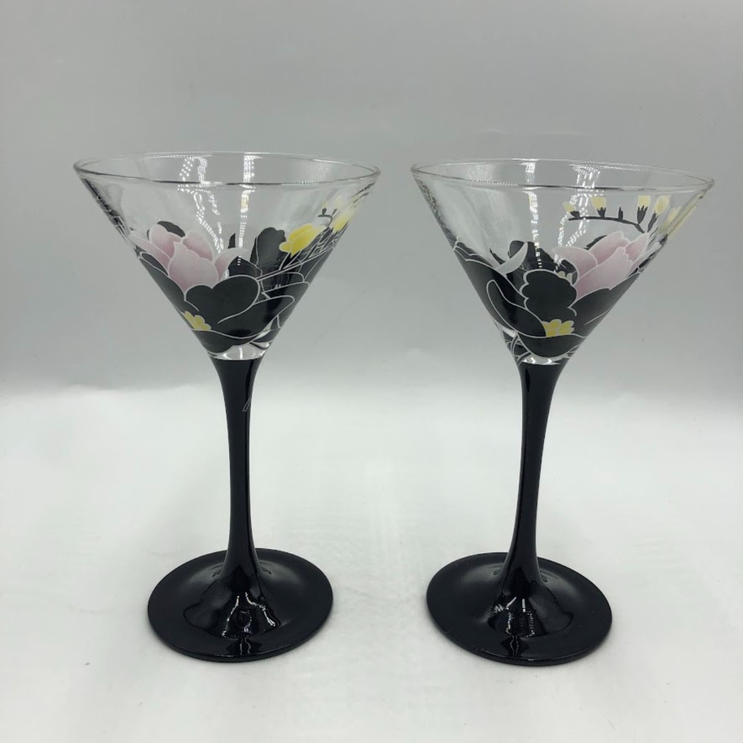Luminarc France Set of 2 Black Stem Floral Design Glasses Stemware Drinkware