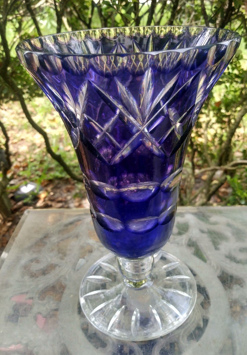 Czech Bohemian Crystal Purple Glass Vase Purple Cut to Clear