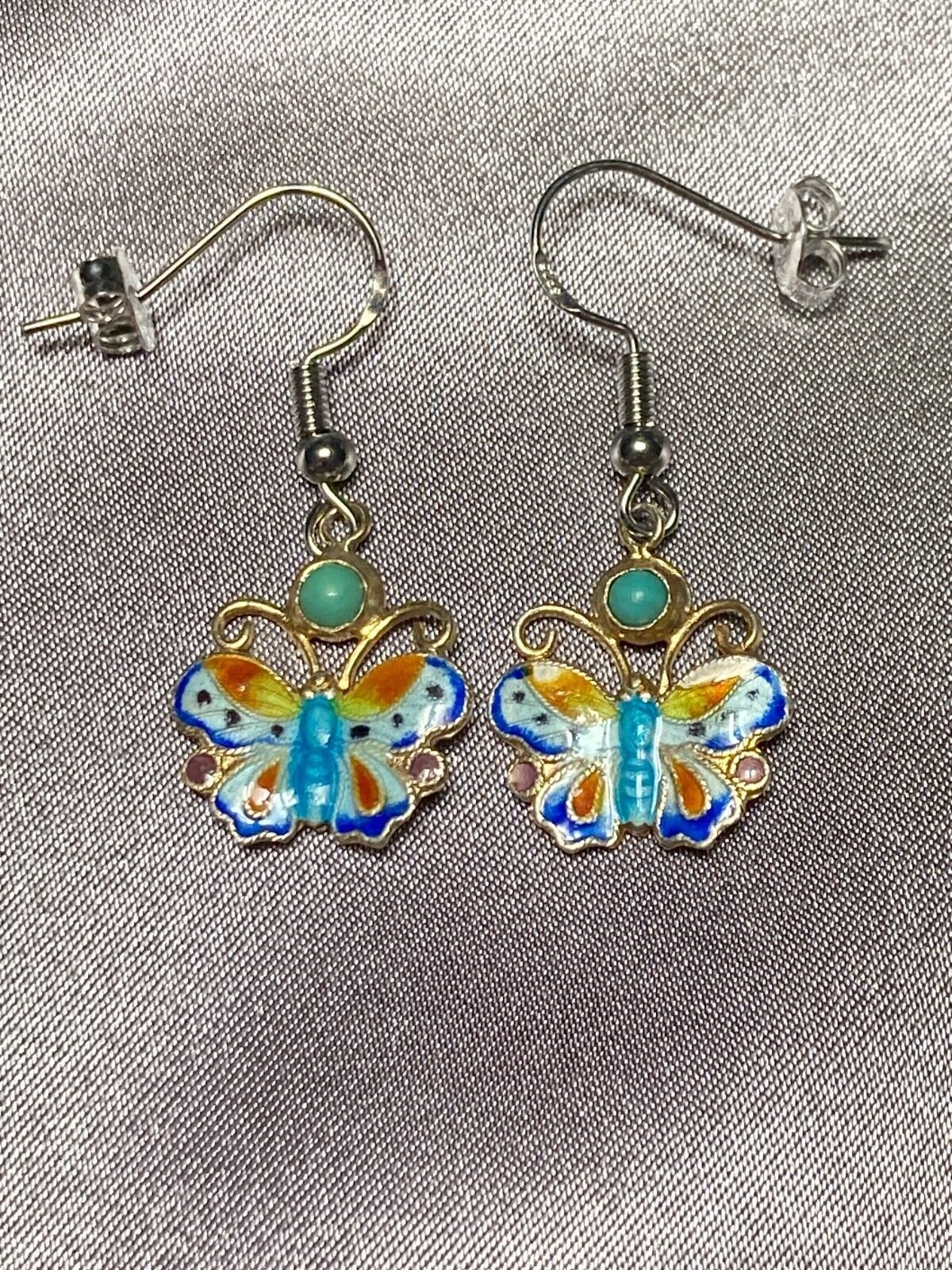 Chineses Export Gold Vermeil Sterling Cloisonne Butterfly Dangle Earrings Vtg