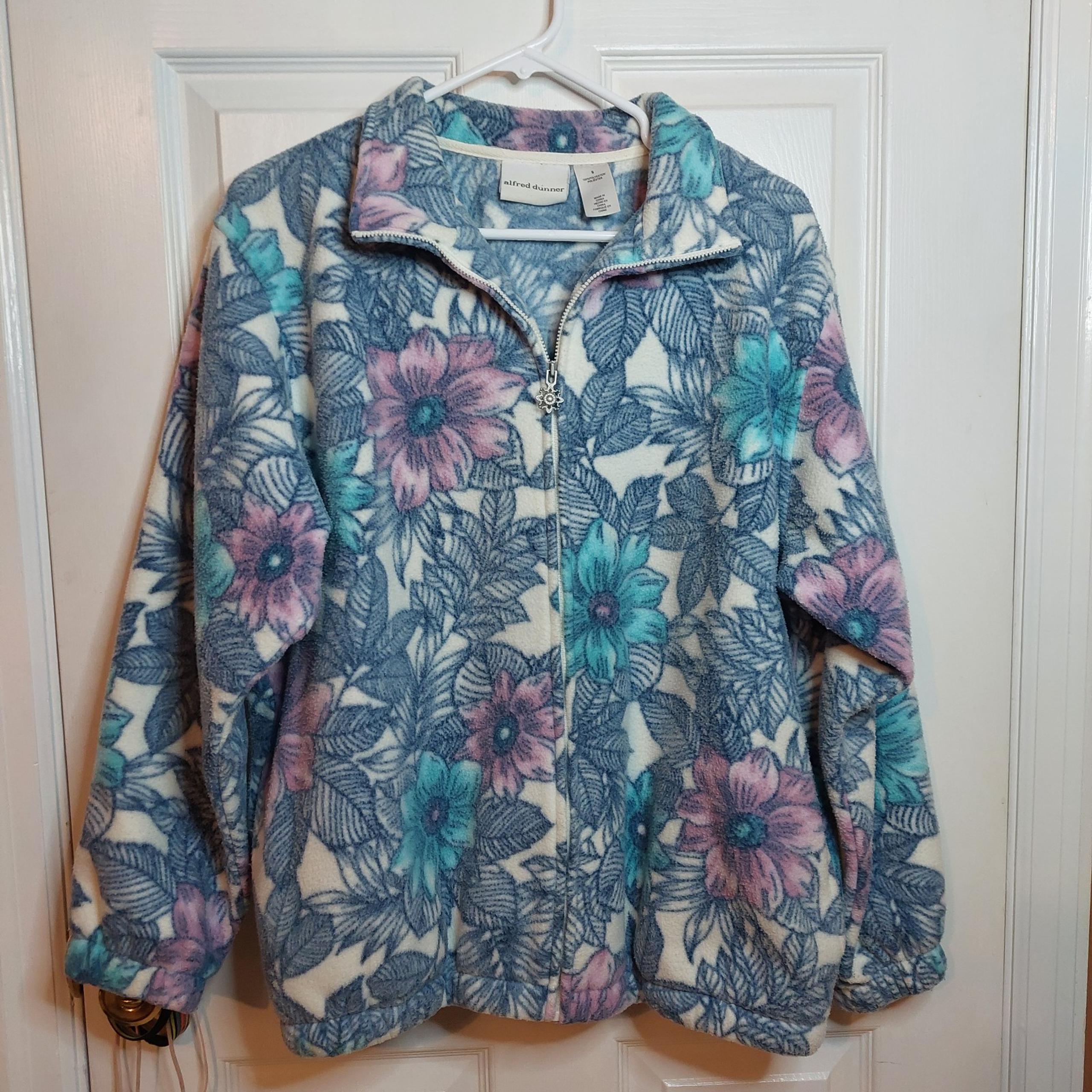 Alfred Dunner Pink Blue Floral Fleece Full Zip Jacket Y2K Oversized Size S