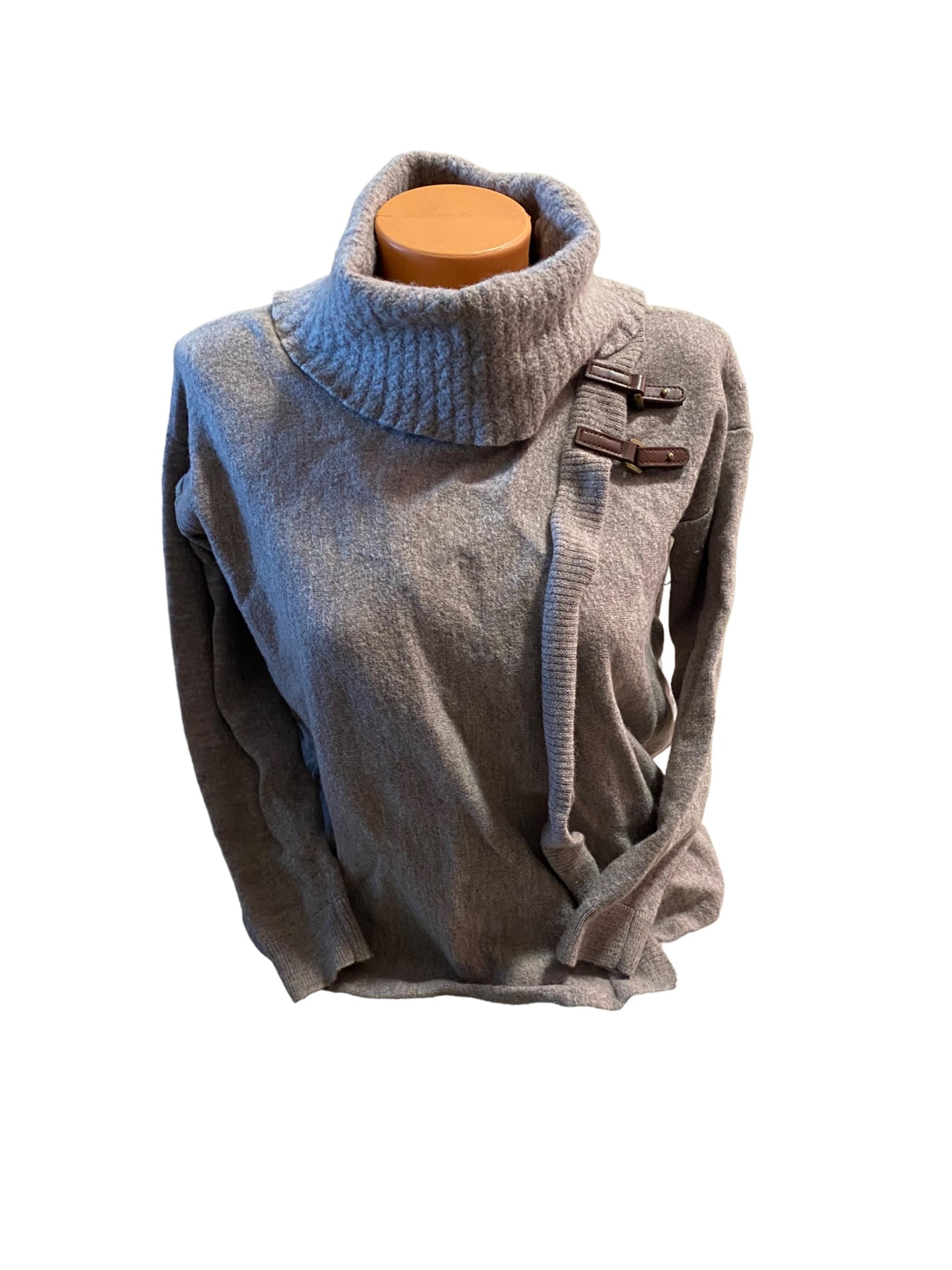 Ellen Tracy Merino Wool Cape Sweater Womens Small Cowl Neck Wrap Buckles Brown