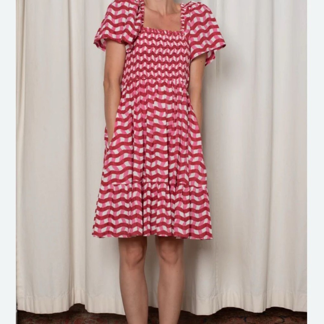 NWT Ophelia & Indigo Delilah Dress XS Red Pink Zigzag Stripe Cotton Resort Smock