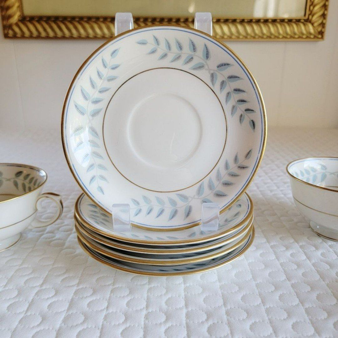 Lamberton Empire Vintage Ivory China Blue Gold Trim Footed Teacup and Saucer Set