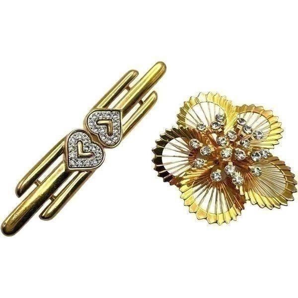 MONET 2 Piece Brooch Jewelry Lot Pair of Gold Plated Rhinestone Signed Monet Bro