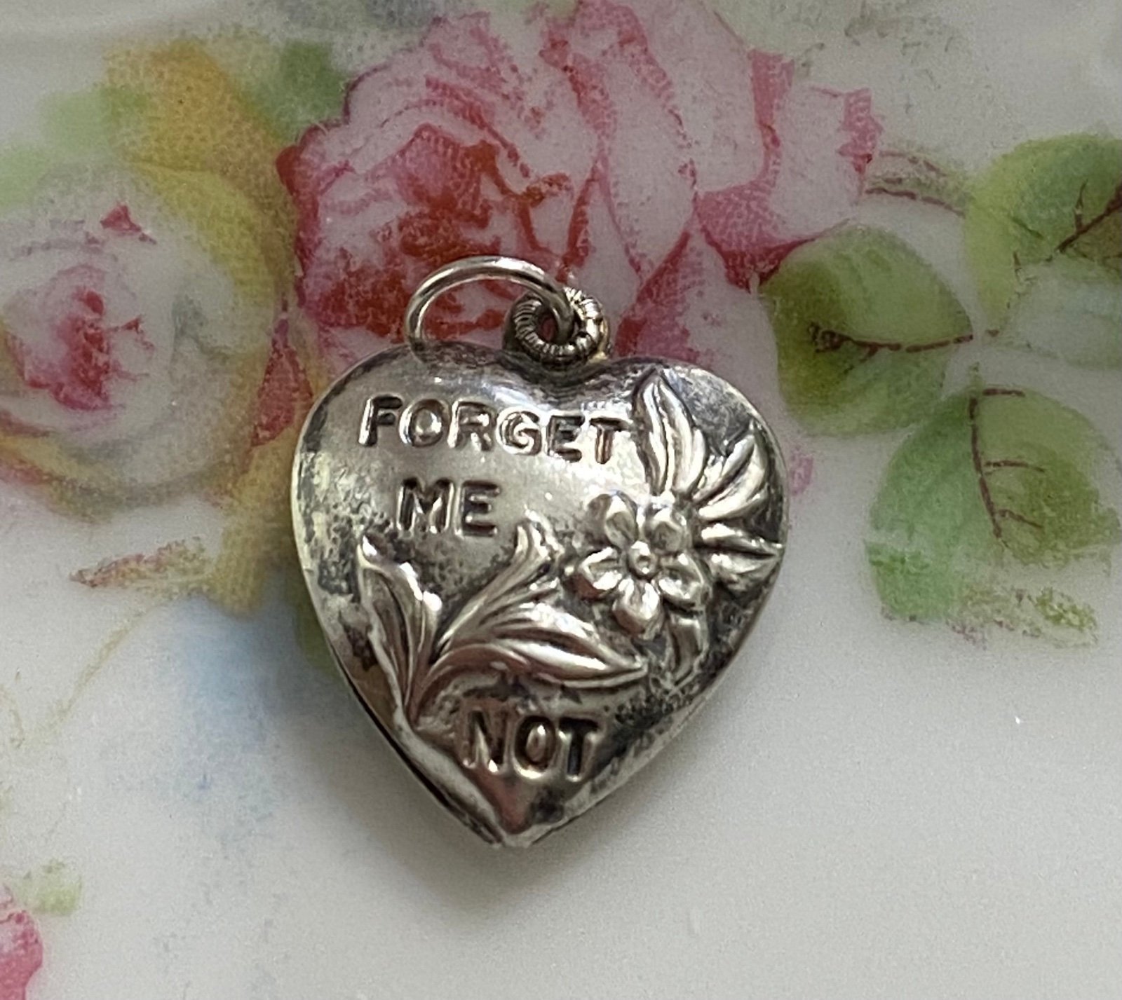 VTG WWII Sterling Forget Me Not Puffy Heart Charm/Pendant
