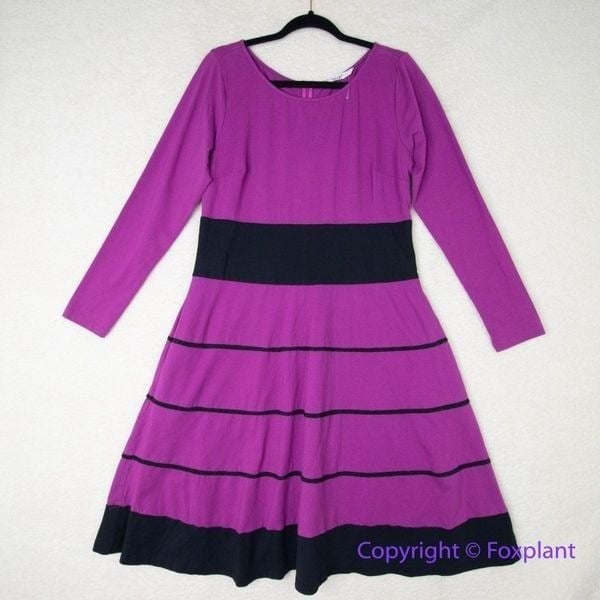 EShakti Cotton Blend Midi Dress purple black stripes long sleeves, size 14