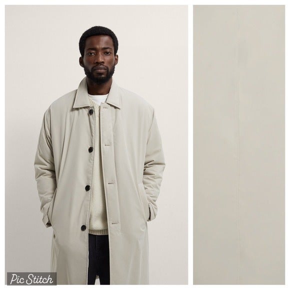 NWT. Zara Man Light Gray/Cream Trench Coat with Contrast Faux Shearling. Size L.