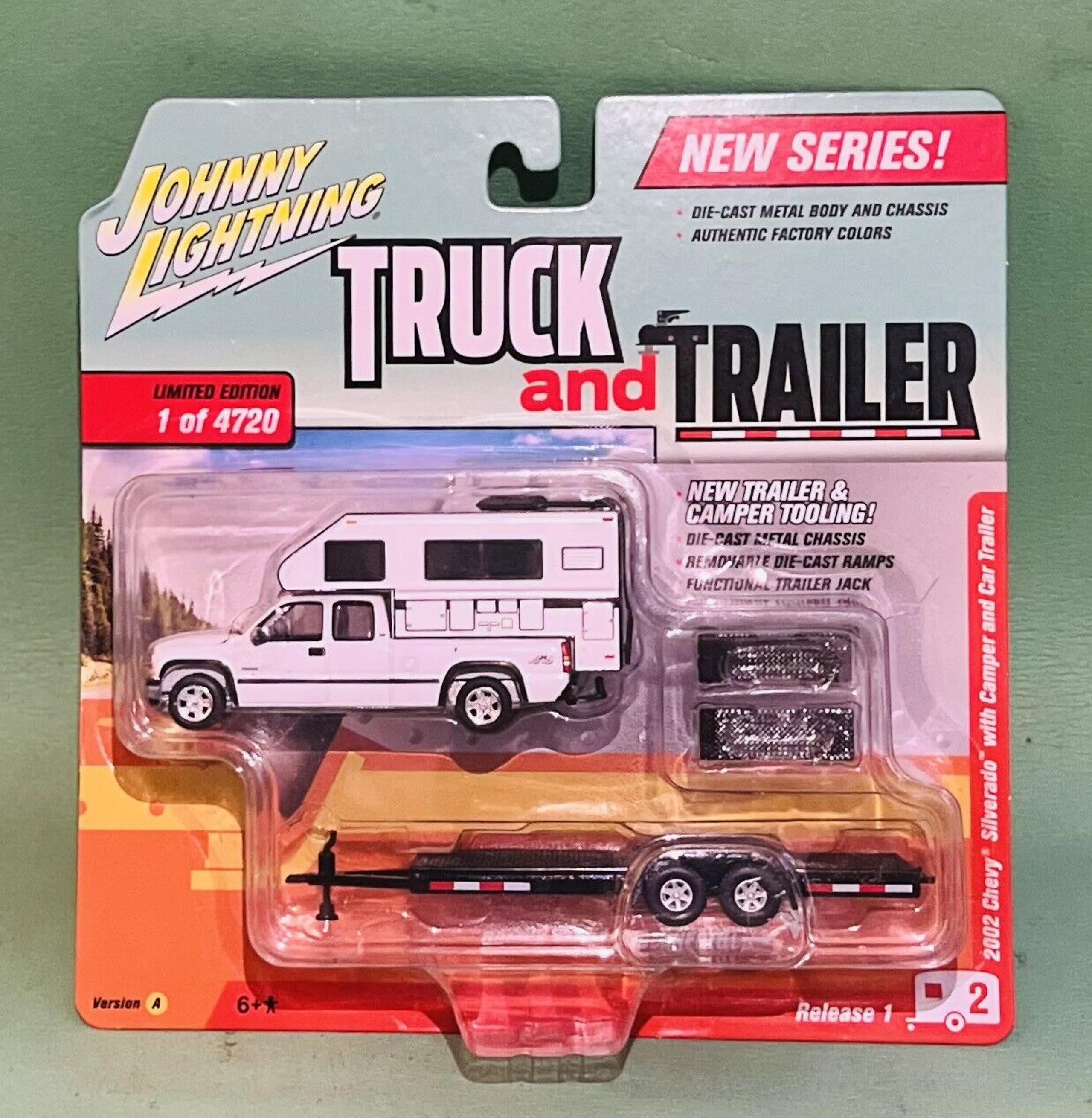 JOHNNY LIGHTNING TRUCK AND TRAILER 2002 CHEVY SILVERADO W/CAMPER & CAR TRAILER