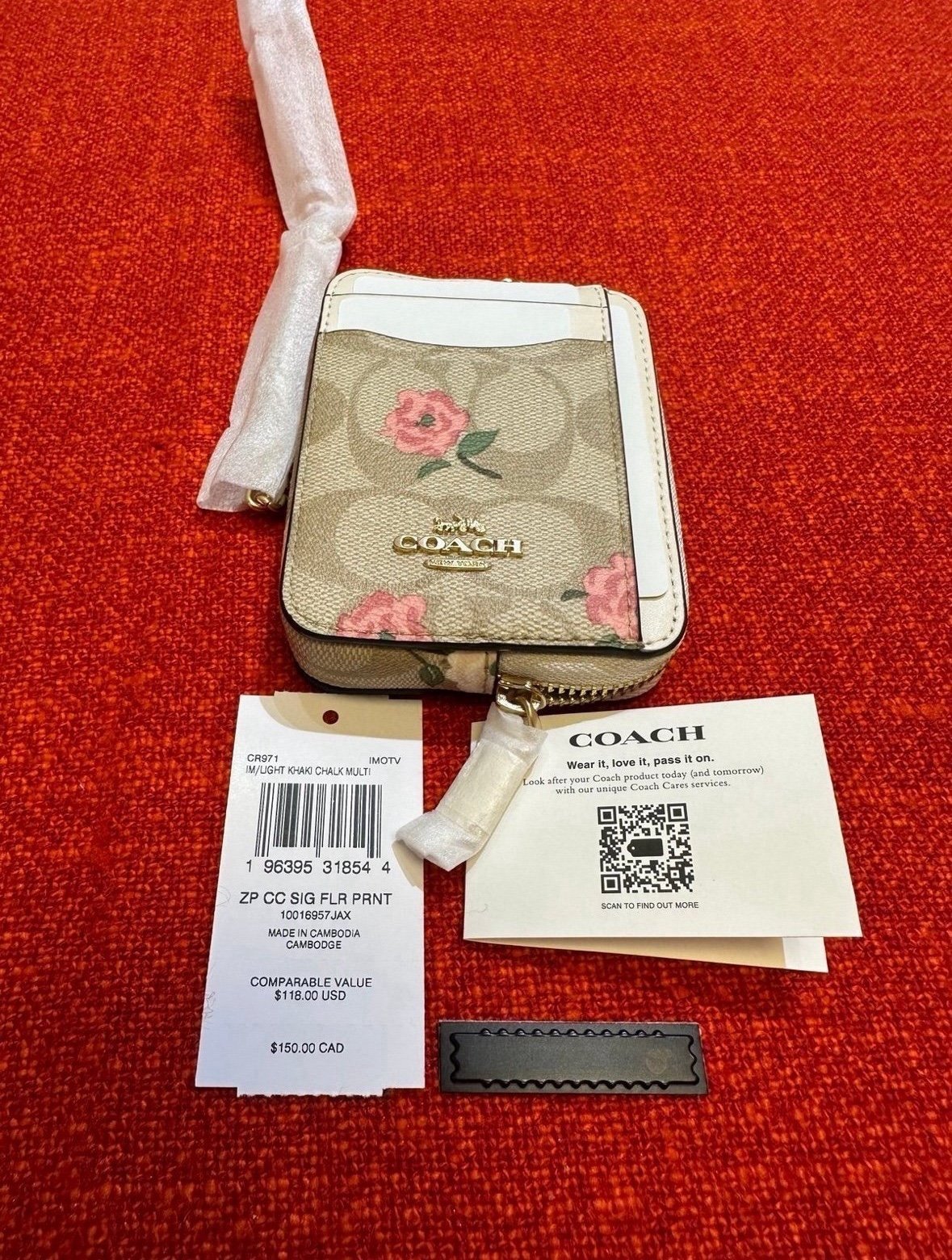 Coach zip card case/Floral print/Gold chain