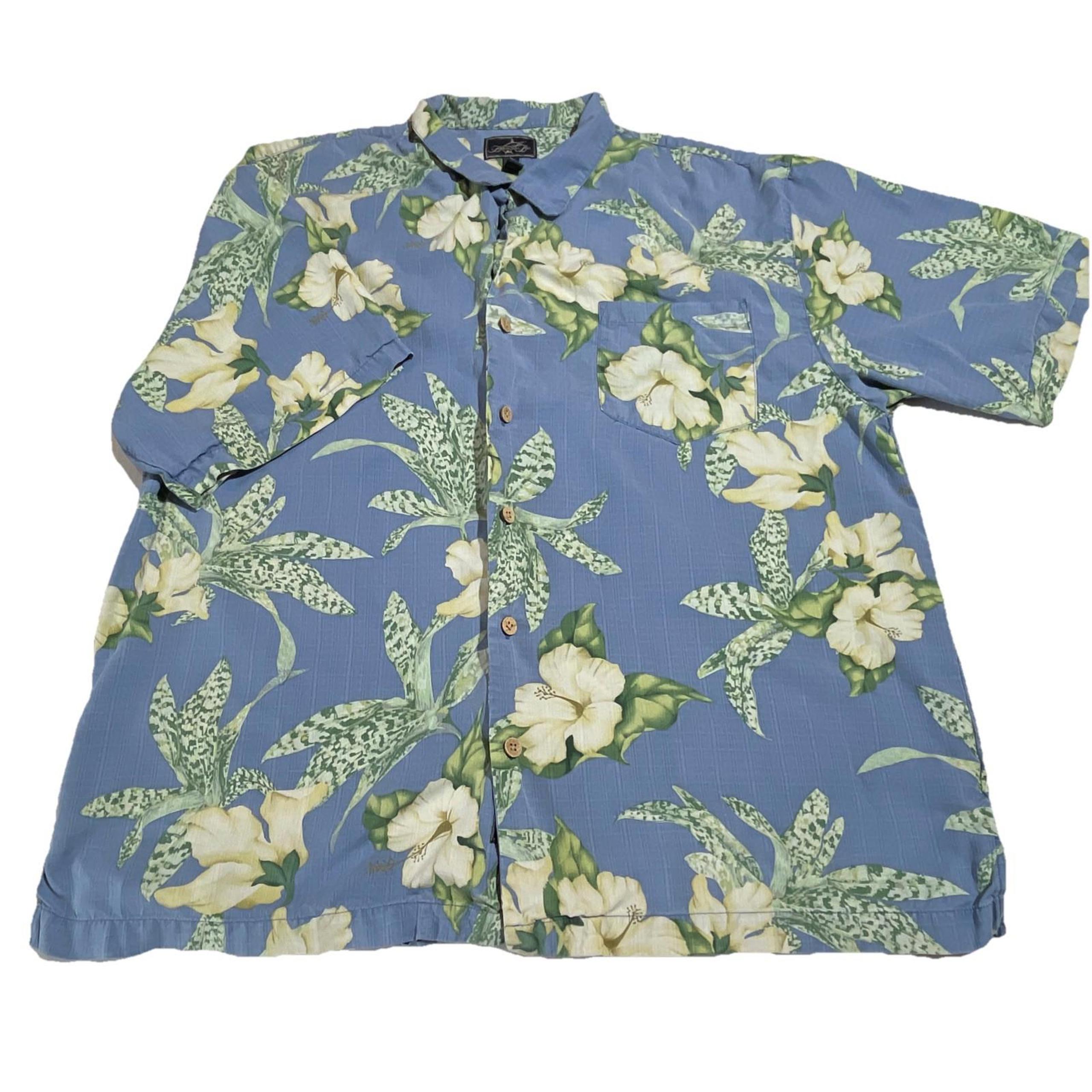 Bermuda Bay Mens Hawaiian Shirt XXL 2XL Blue Floral Short Sleeve 100% Silk