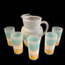 Clear Frosted Glass Pitcher and 5 Tumblers w/Turquoise, Yellow & White Flowers