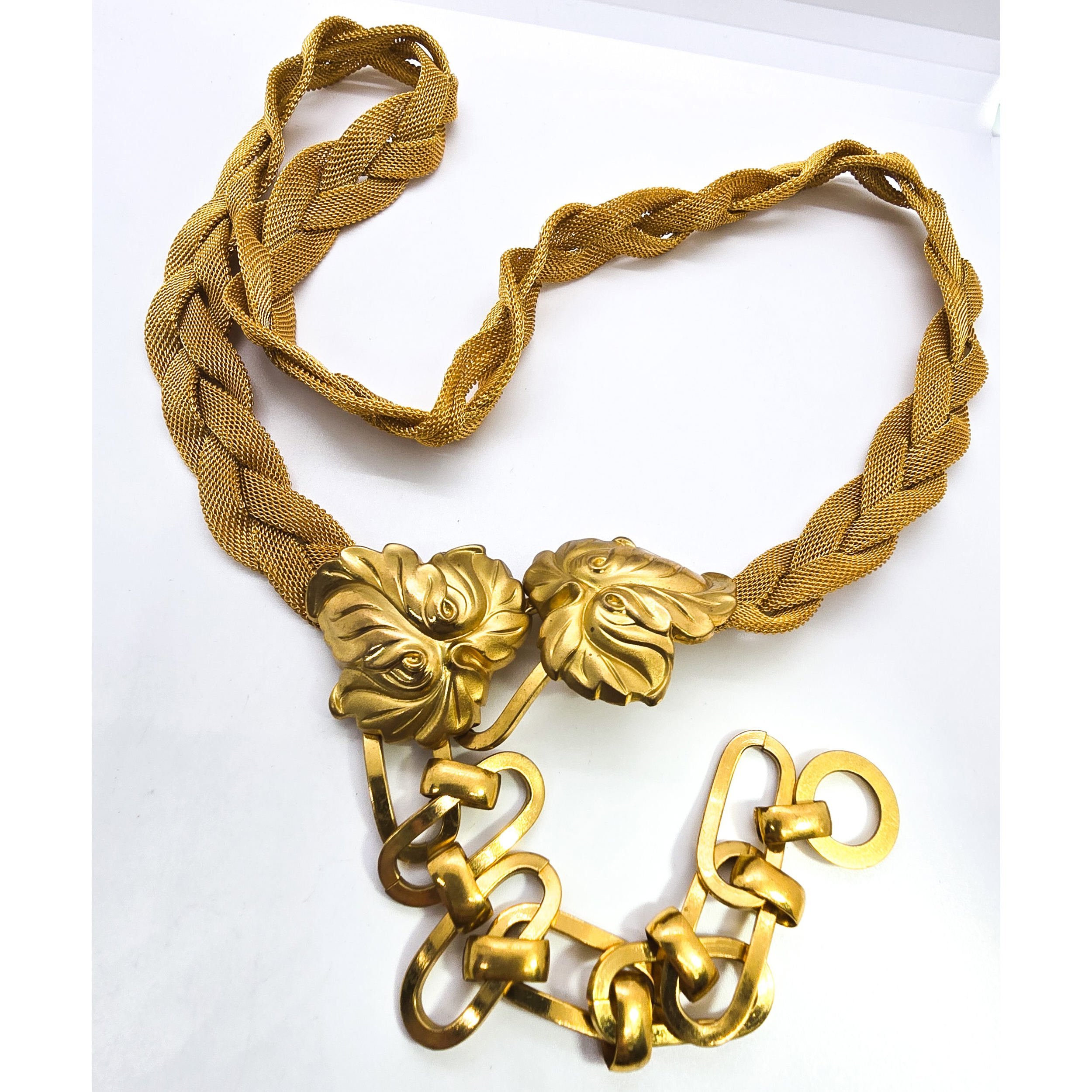 Vintage Double leaf gold toned mesh retro large Modernist buckle belt