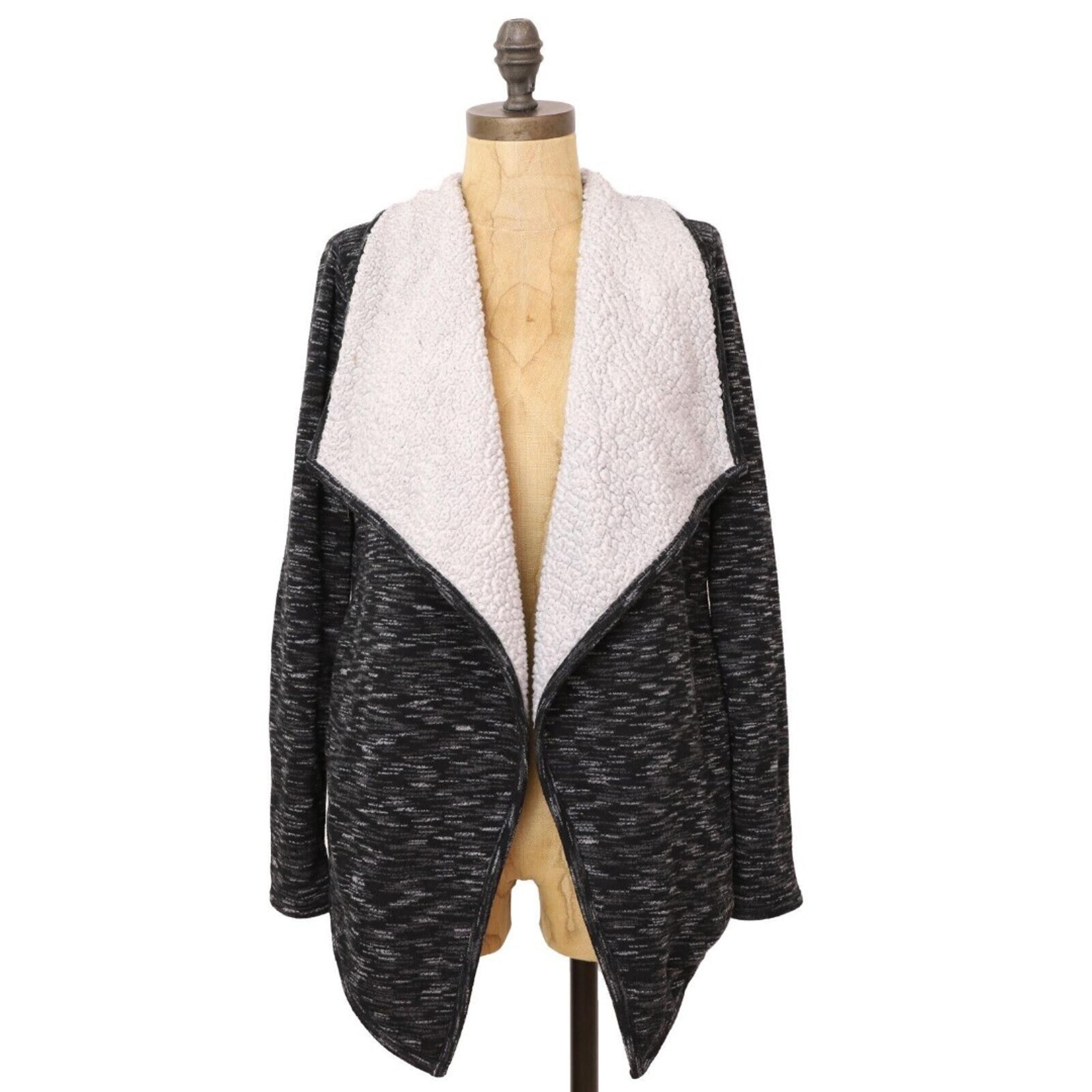 GREEN TEA Heather Sherpa Wrap Cardigan S Black Heather Long Sleeve Sweater B69