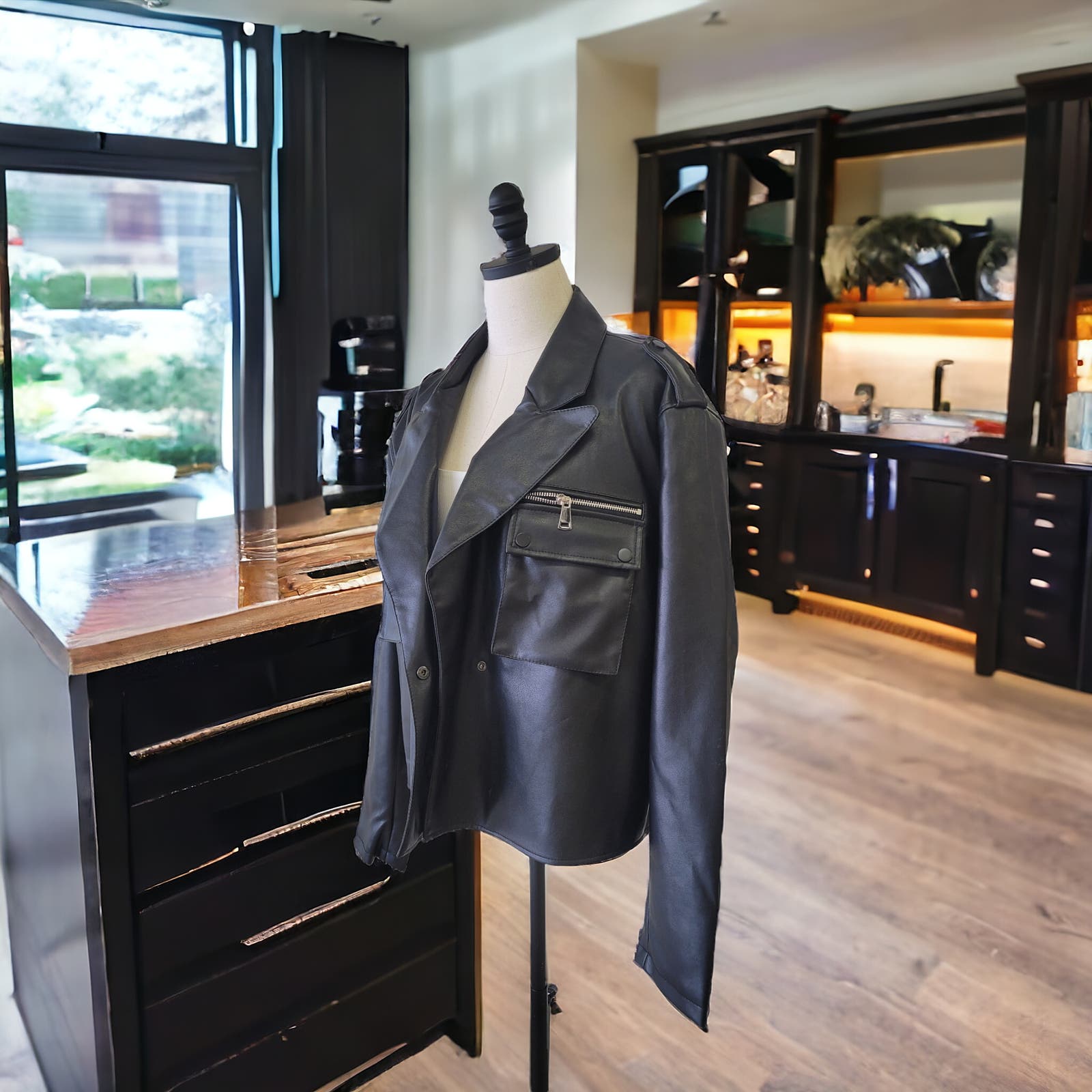 Leather zipper and snap button detail jacket
