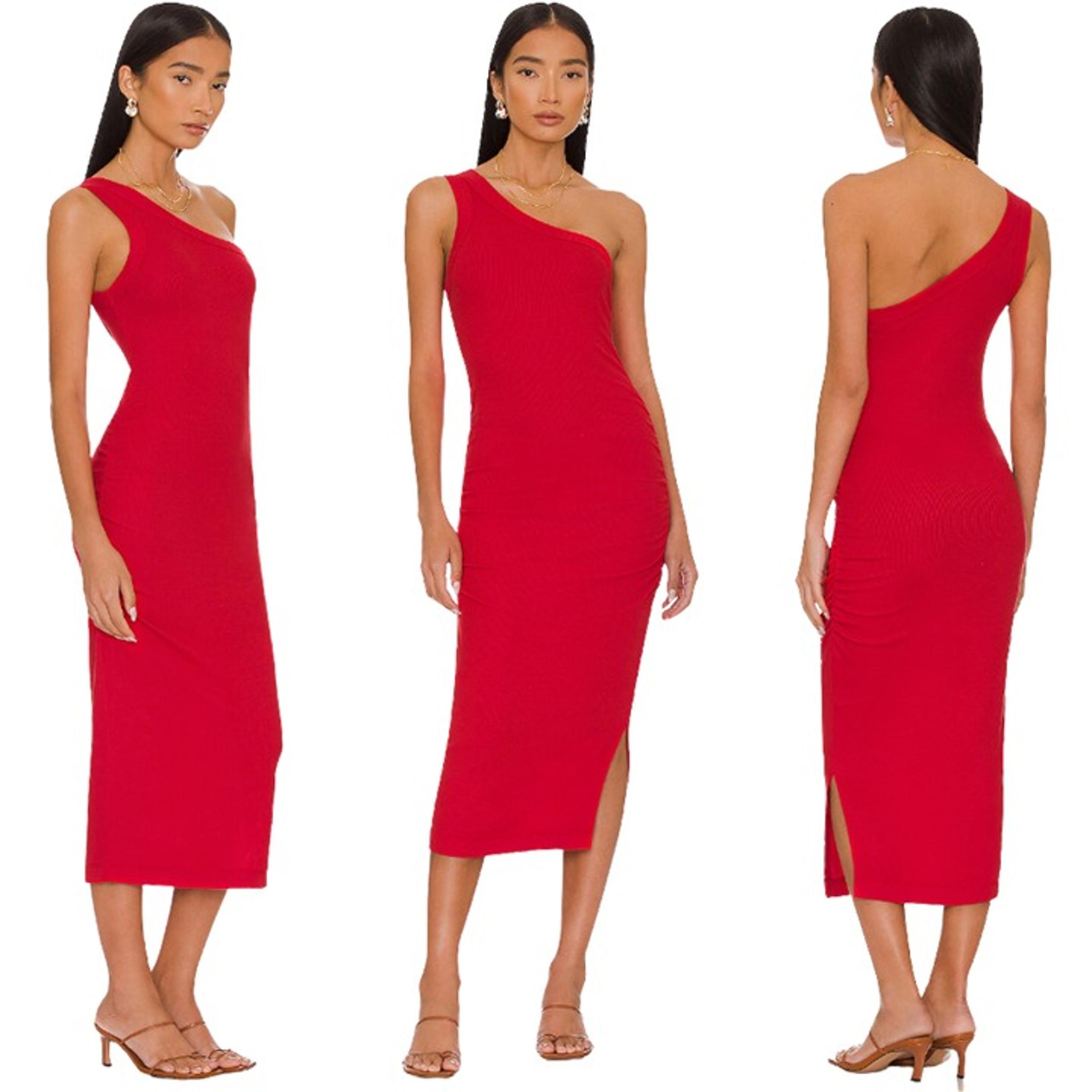 Michael Stars Coco One Shoulder Midi Dress Womens Small Salsa Red Ribbed Revolve