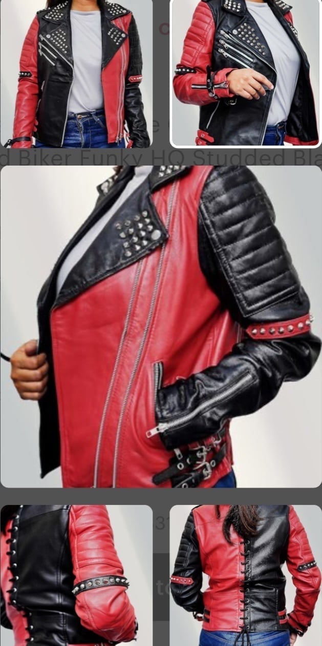 Harley Quinn Heartless Asylum Studded Biker Black & Red Leather Jacket XS 36”