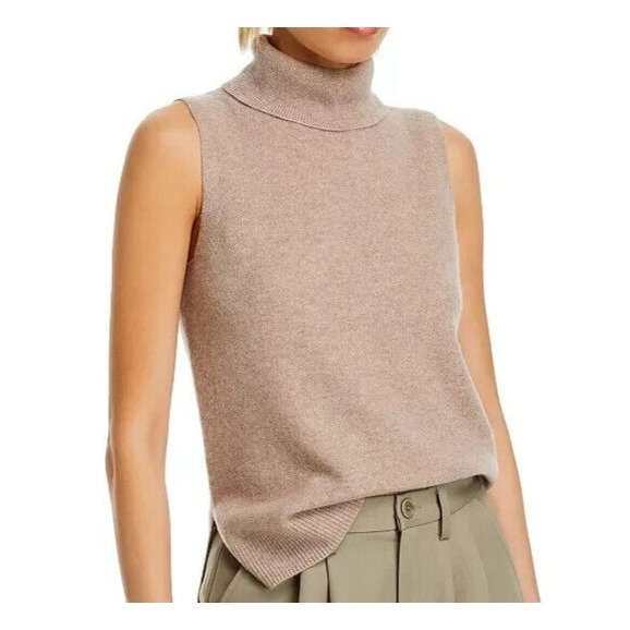 AQUA Cashmere Women's Small Beige Wheat Split Hem Turtleneck Tank Top 148