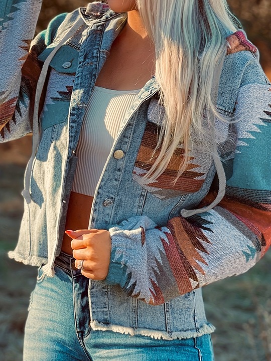 Multicolor Geometric Print Denim Jackets-N3DF