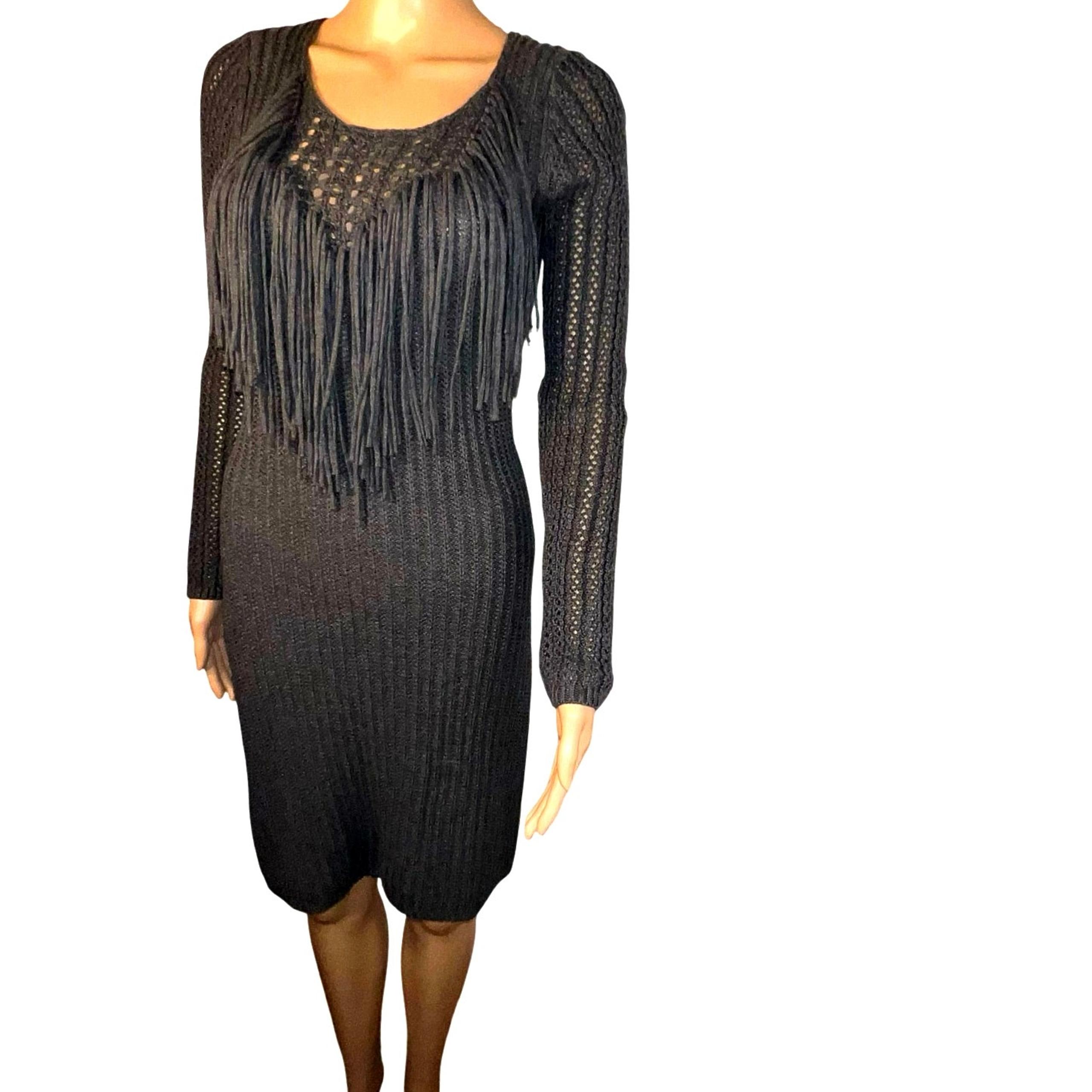 Moda women’s size small fringe neckline open knit sleeve sweater rib dress
￼