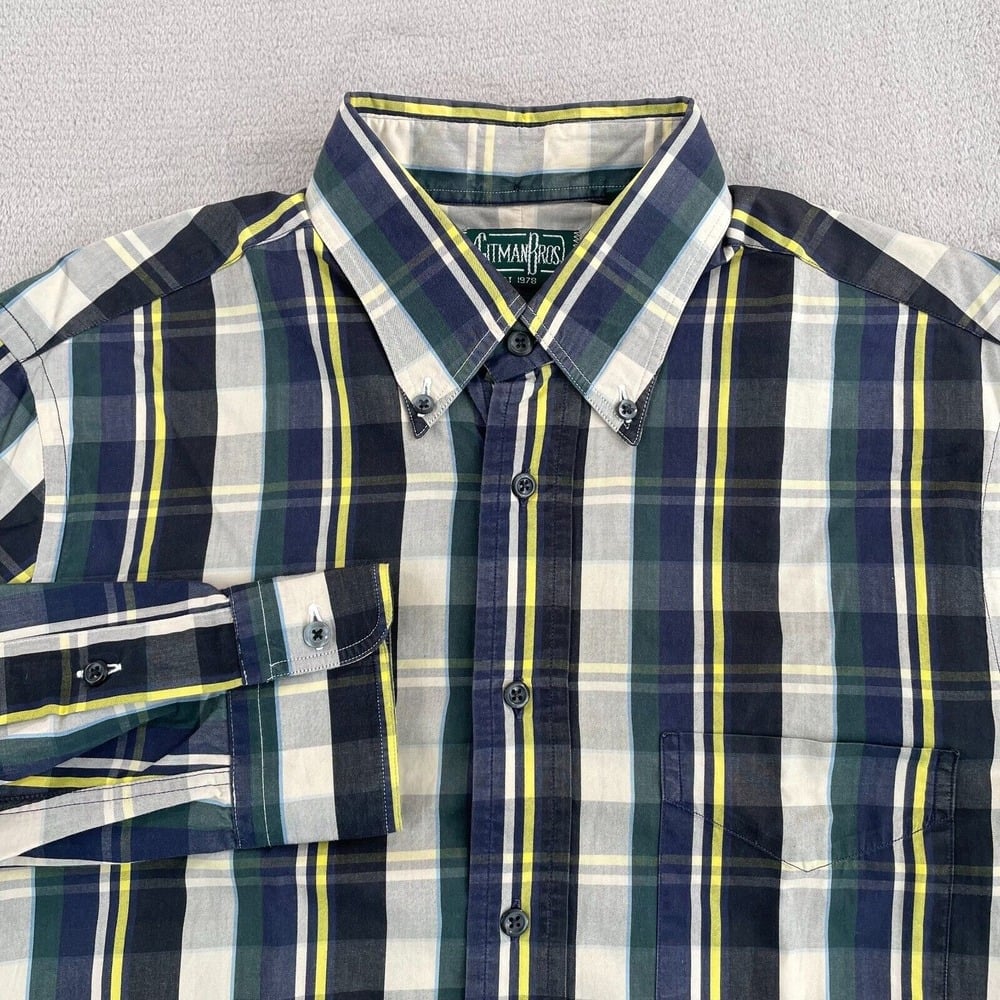 Gitman Bros Vintage Shirt Men Medium Navy Plaid Long Sleeve Made in USA Preppy