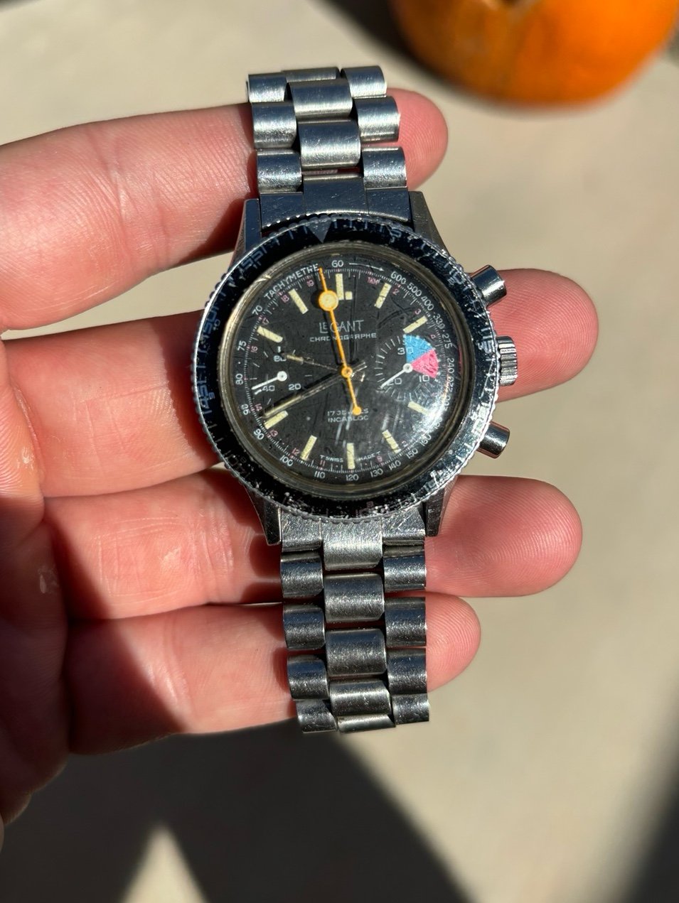 Vintage LeGant Chronographe Diver Lollipop Hand SS Case Mens Watch Valjoux 7733