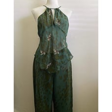 Victoria’s Secret Silk Two-Piece Set Top & Pants Green Outfits Leopard Sz Small